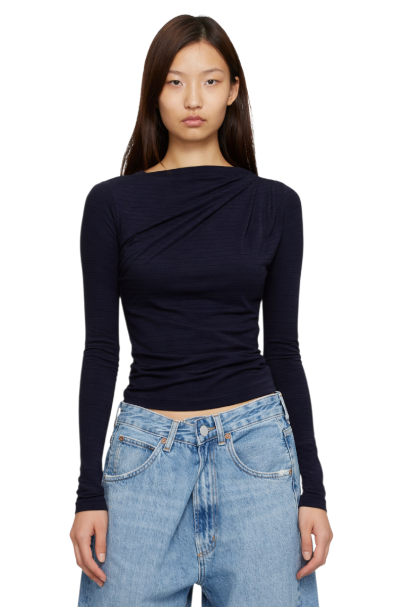 Ruched Striped Long Sleeve Top