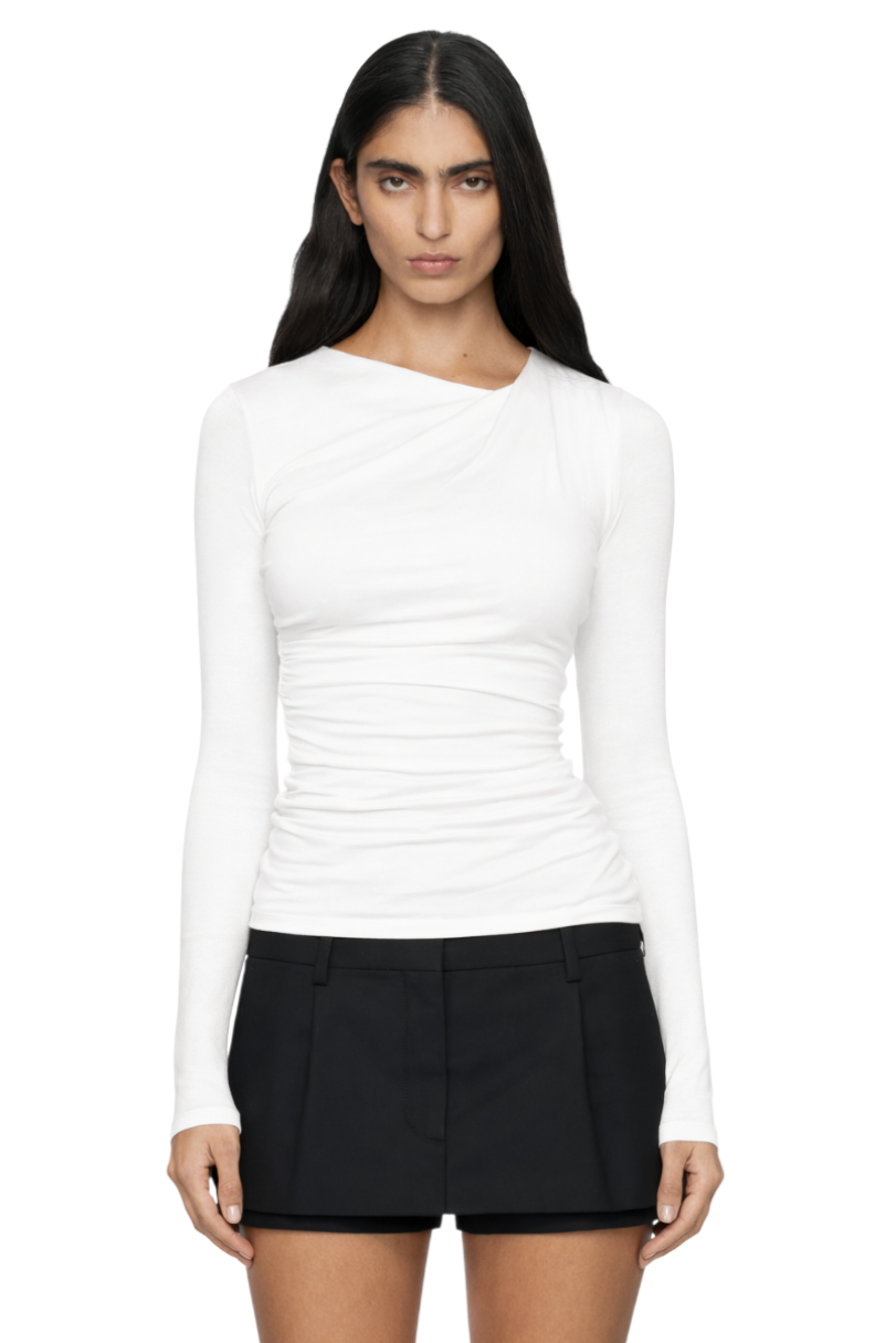 Ruched Asymmetrical Neck Long Sleeve T-Shirt