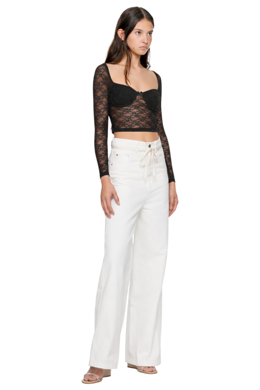 Lace Sweetheart Neck Long Sleeve T-Shirt