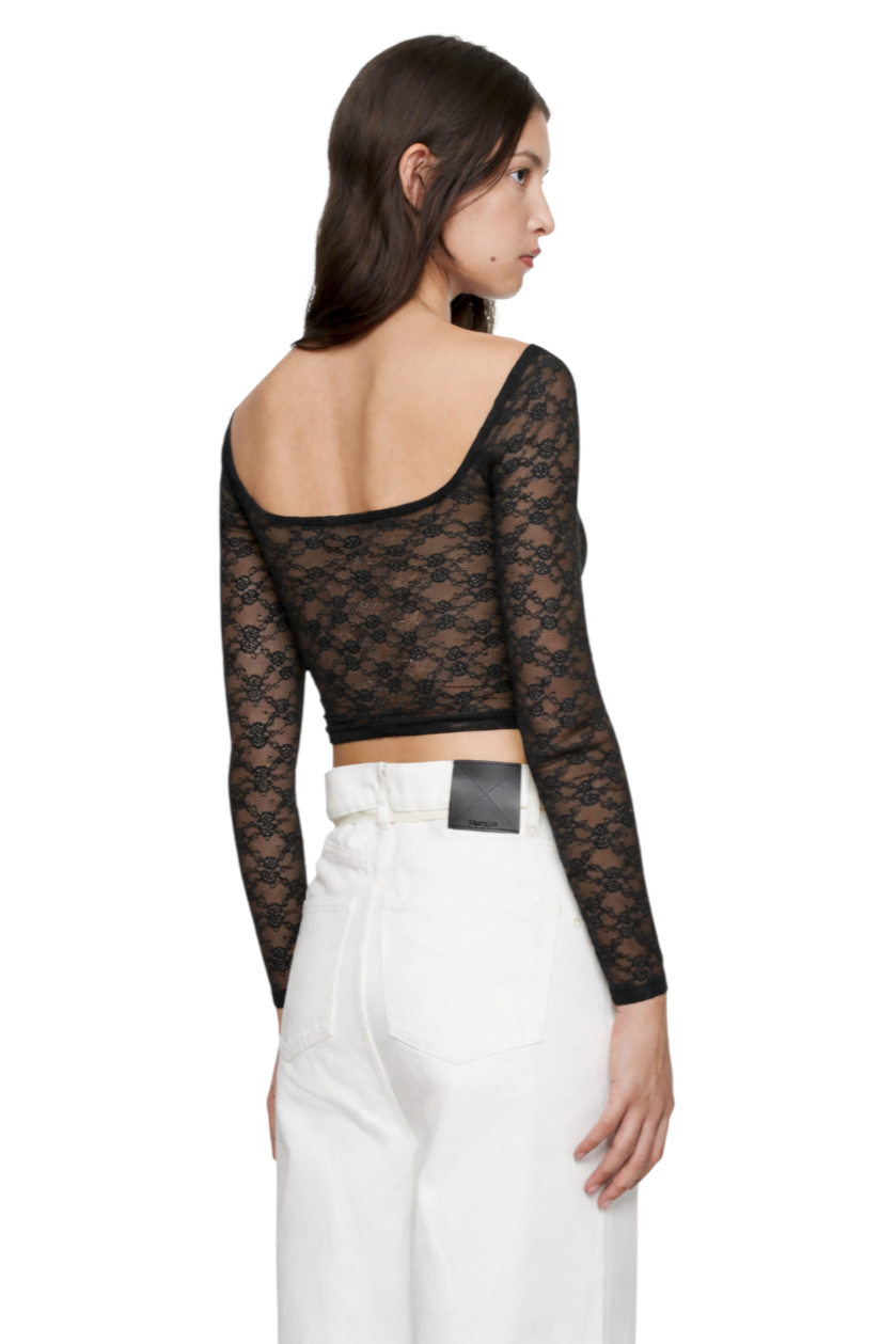 Lace Sweetheart Neck Long Sleeve T-Shirt