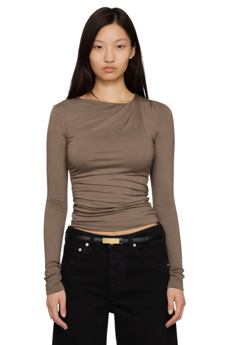 Ruched Asymmetrical Neck Long Sleeve T-Shirt
