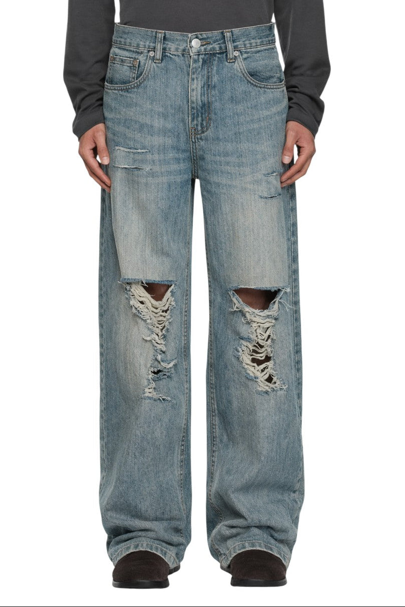 Men's Vintage Washed Distressed Wide Leg Jeans