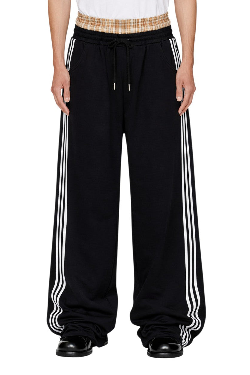 Men's Contrast Plaid Waistband Drawstring Wide Leg Pants