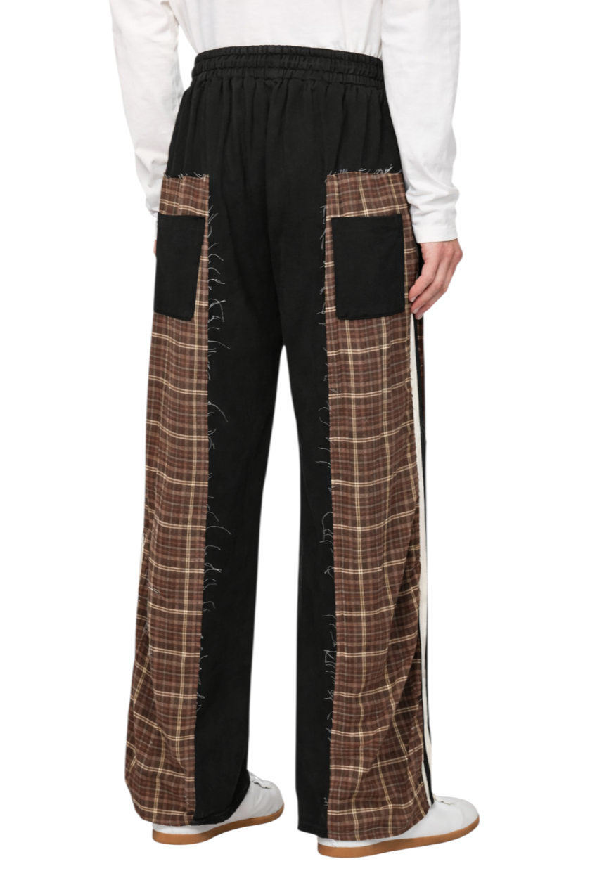 Men's Drawstring Patchwork Plaid Wide Leg Pants