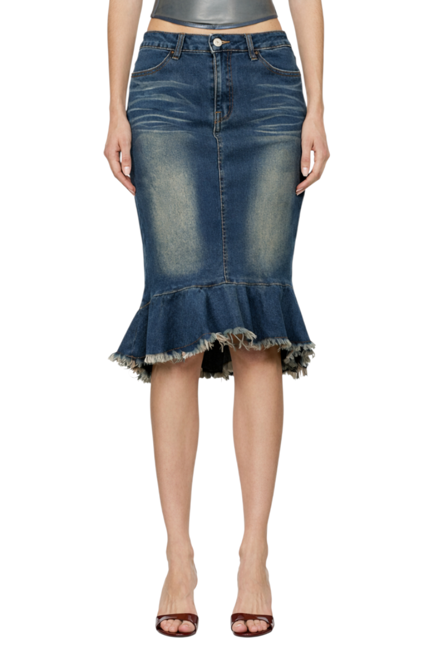 Raw Hem Mermaid Denim Skirt