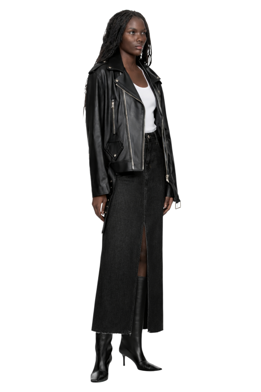 Raw Hem Front Slit Denim Midi Skirt