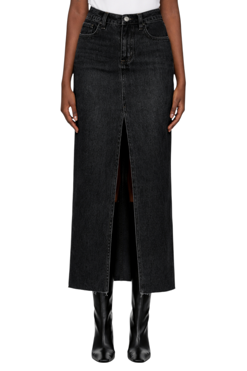 Raw Hem Front Slit Denim Midi Skirt