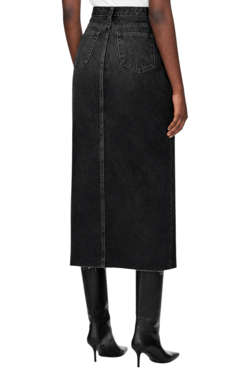 Raw Hem Front Slit Denim Midi Skirt