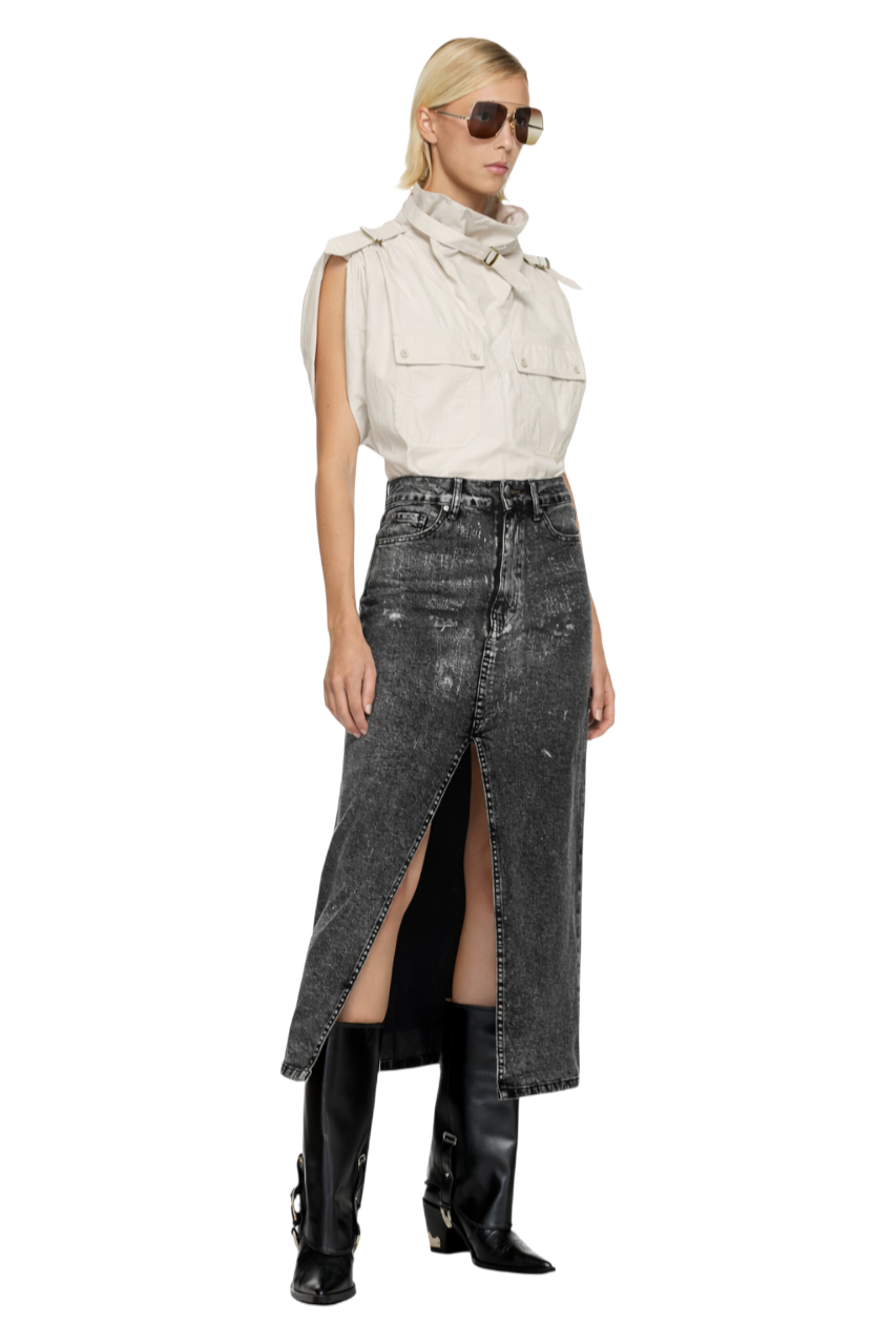 Slit Midi Denim Skirt with Pockets