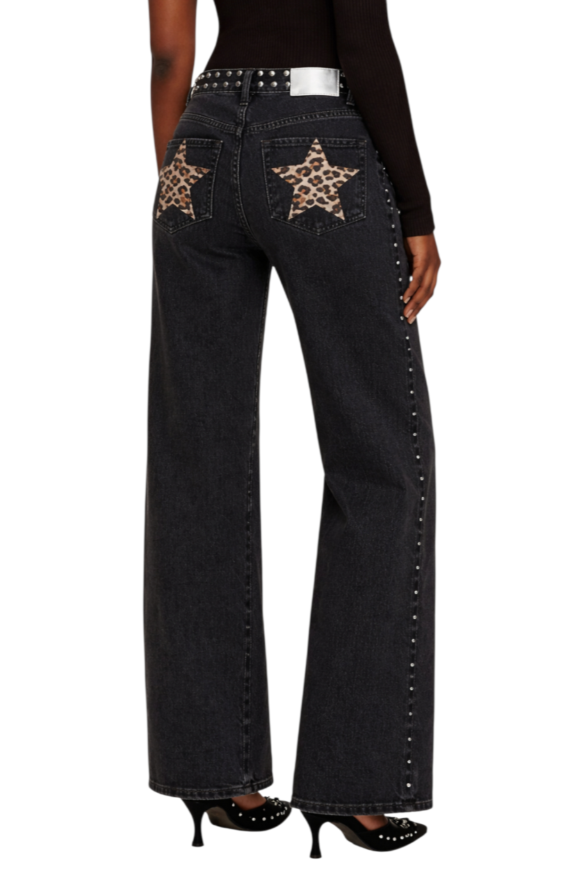 Leopard Star Patches Wide Leg Jeans