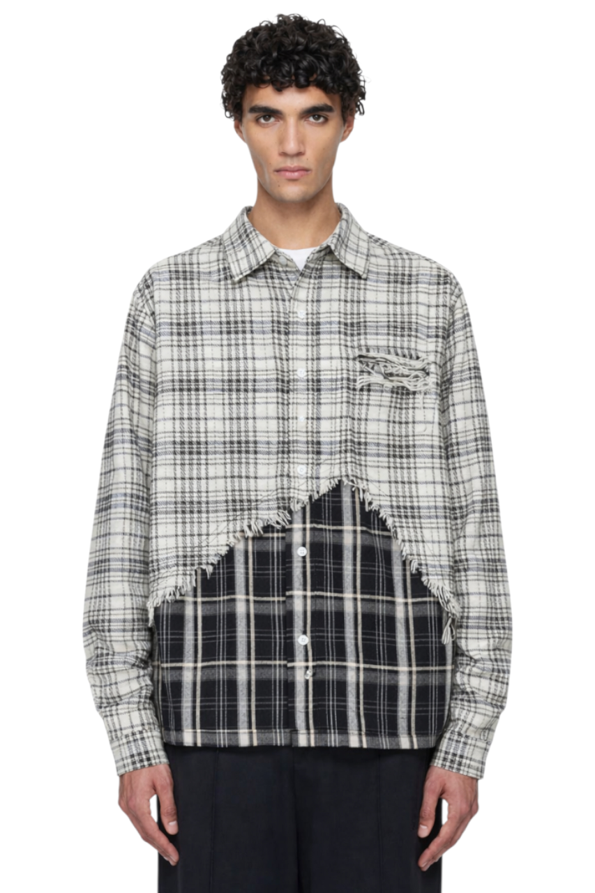 Men's Distressed Plaid Contrast Shirt with Raw Edge