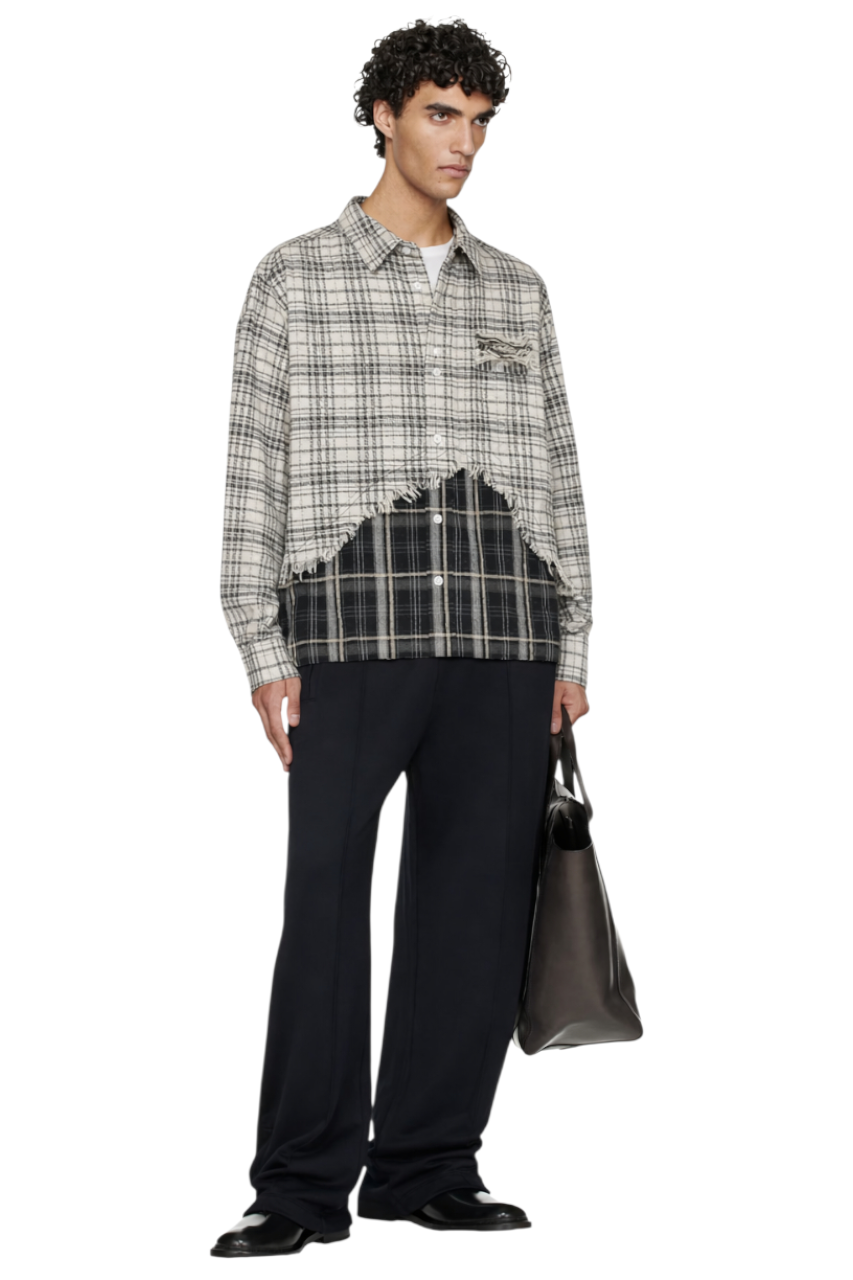 Men's Distressed Plaid Contrast Shirt with Raw Edge