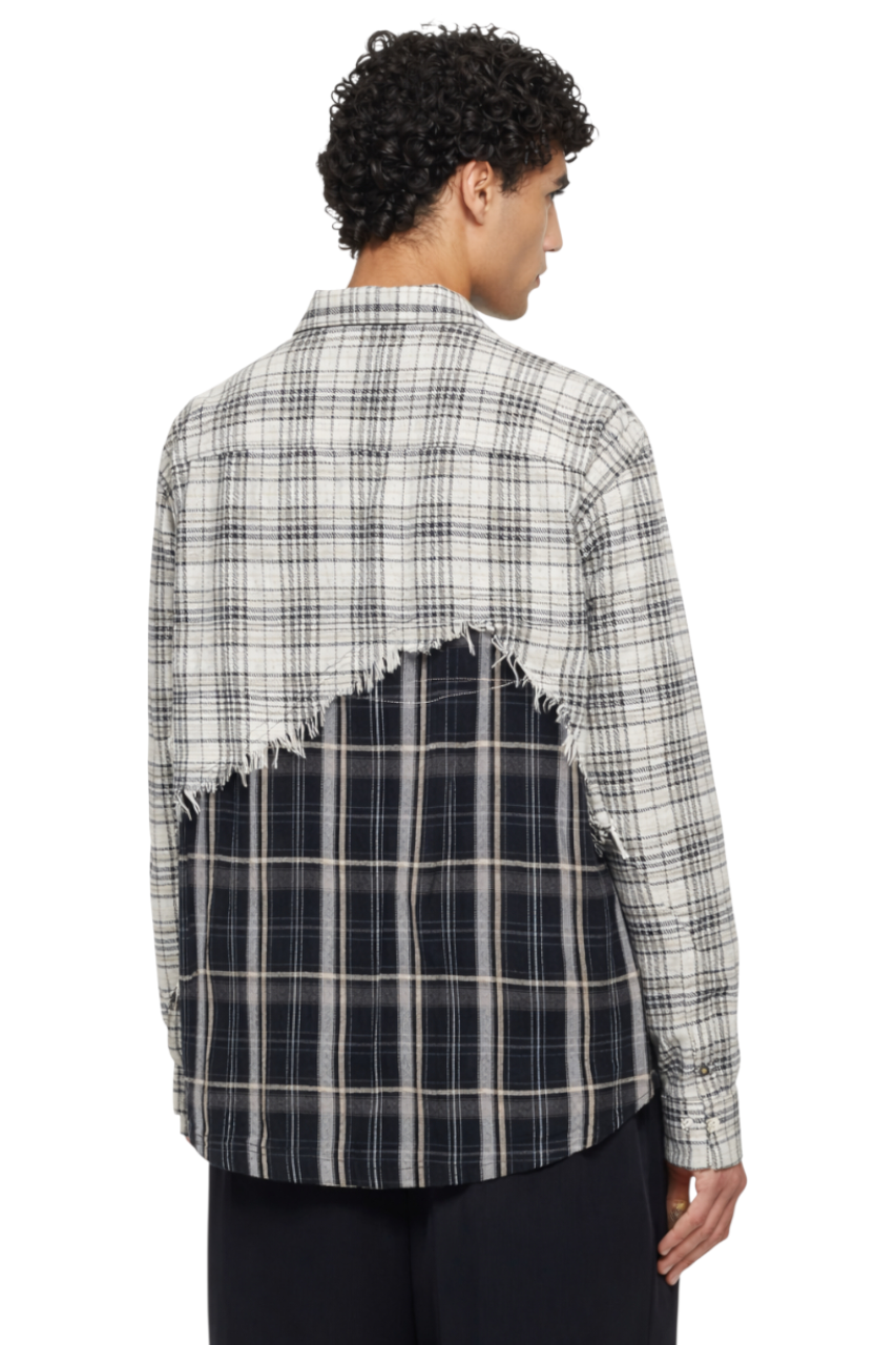 Men's Distressed Plaid Contrast Shirt with Raw Edge