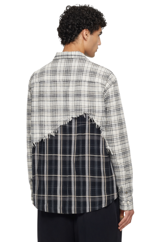 Men's Distressed Plaid Contrast Shirt with Raw Edge