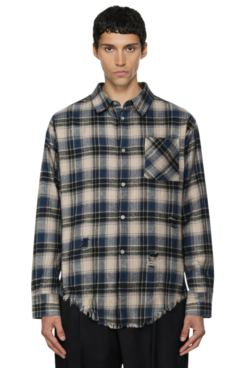 Men's Plaid Long Sleeve Shirt with Raw Hem