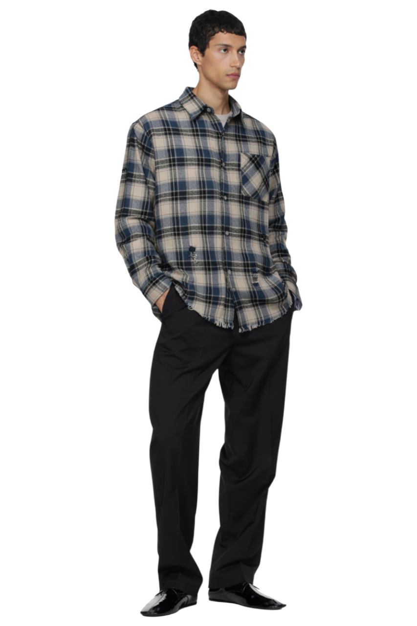 Men's Plaid Long Sleeve Shirt with Raw Hem