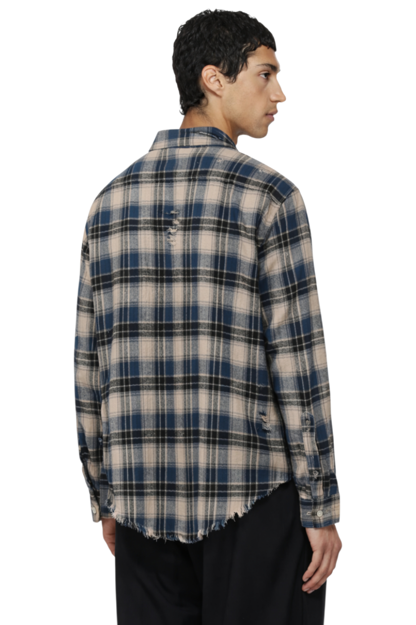 Men's Plaid Long Sleeve Shirt with Raw Hem