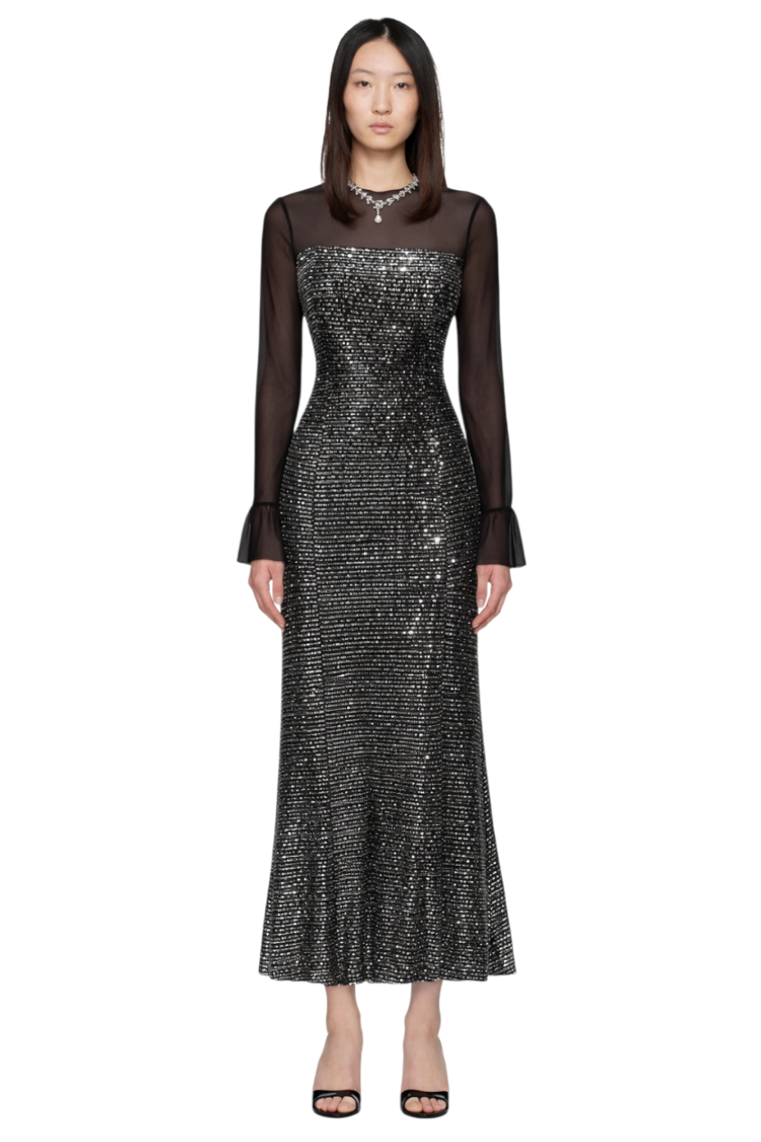 Sequin Sheer Sleeve Midi Dress