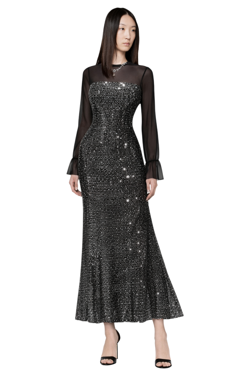 Sequin Sheer Sleeve Midi Dress