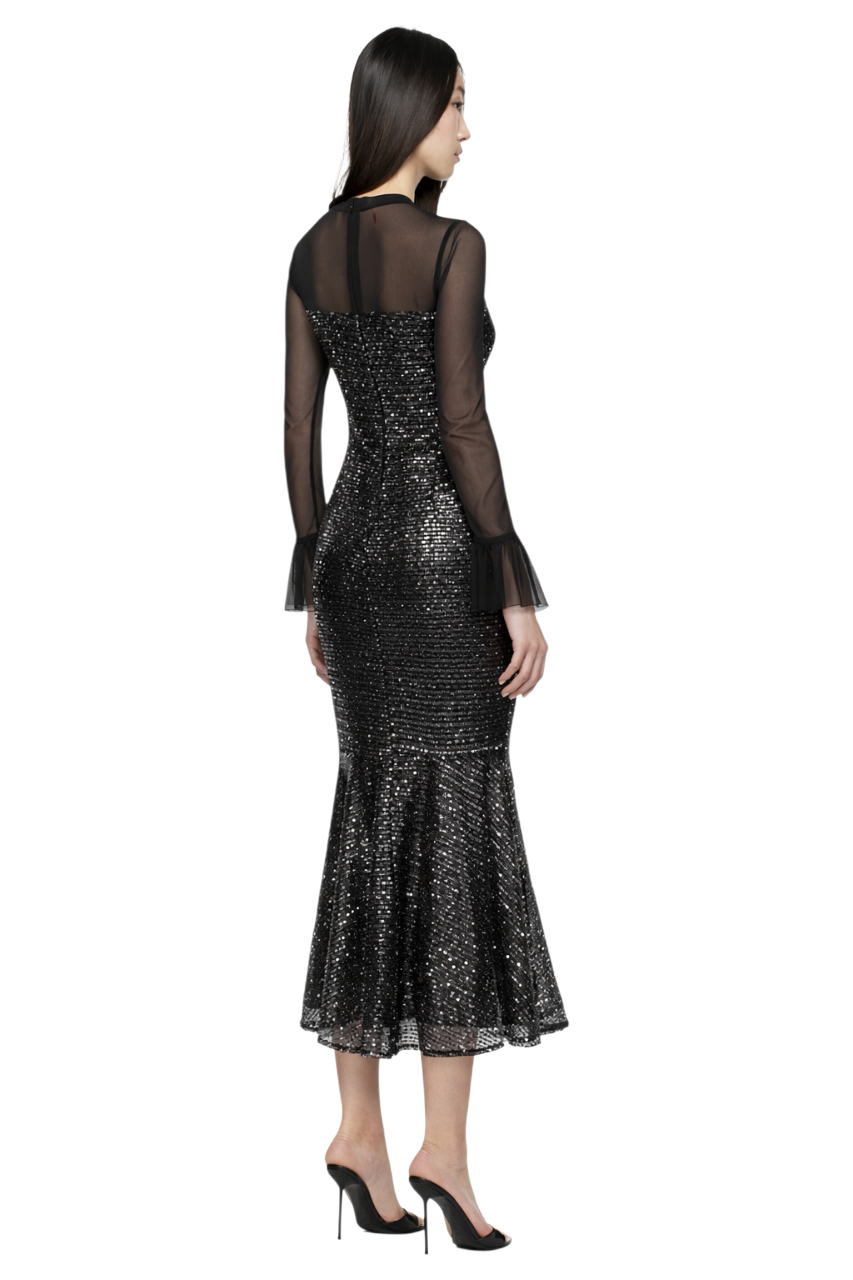 Sequin Sheer Sleeve Midi Dress