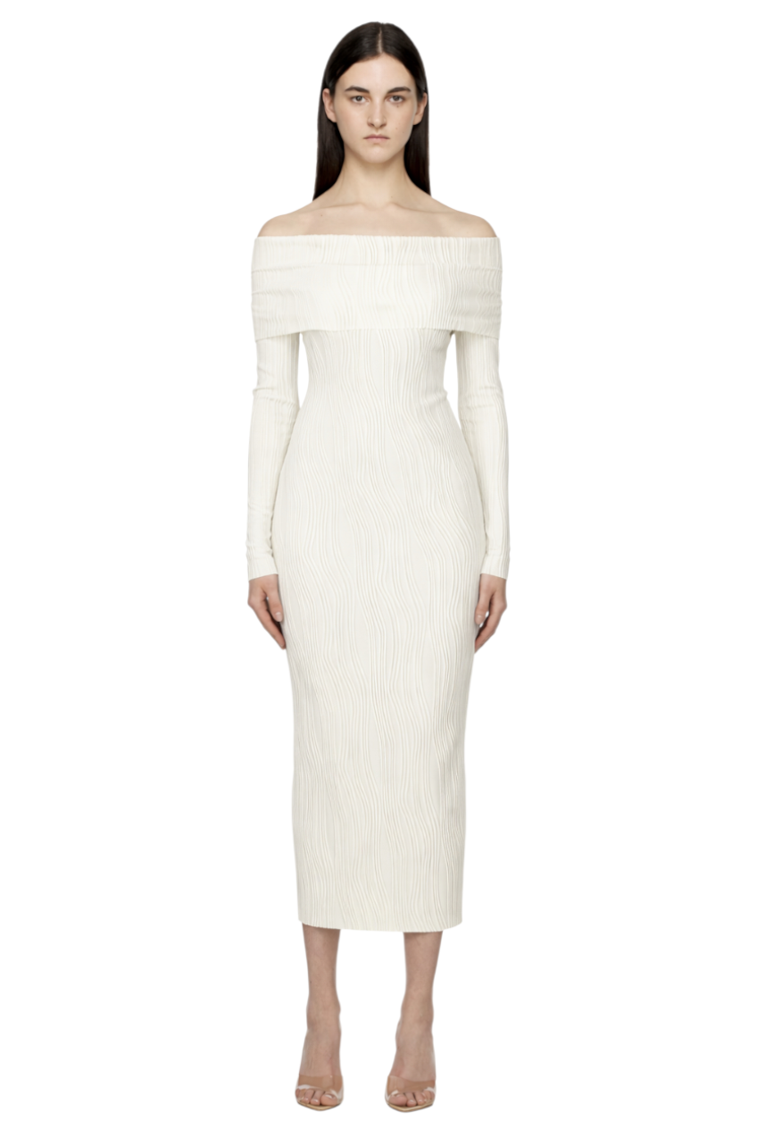 Off-Shoulder Textured Knit Maxi Dress