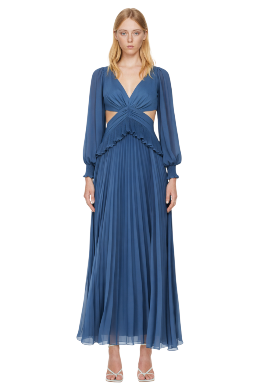 Backless Pleated Long Sleeve Maxi Dress