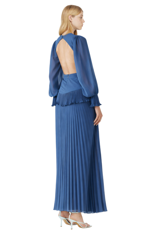 Backless Pleated Long Sleeve Maxi Dress
